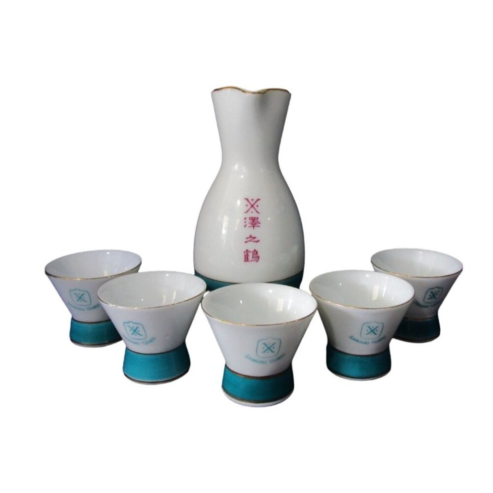 Sawano T Suri Sake Set Turquoise White Porcelain Japan EUC